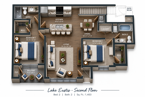 Floor plan for 2 beds, 2 baths, 1403 sqft